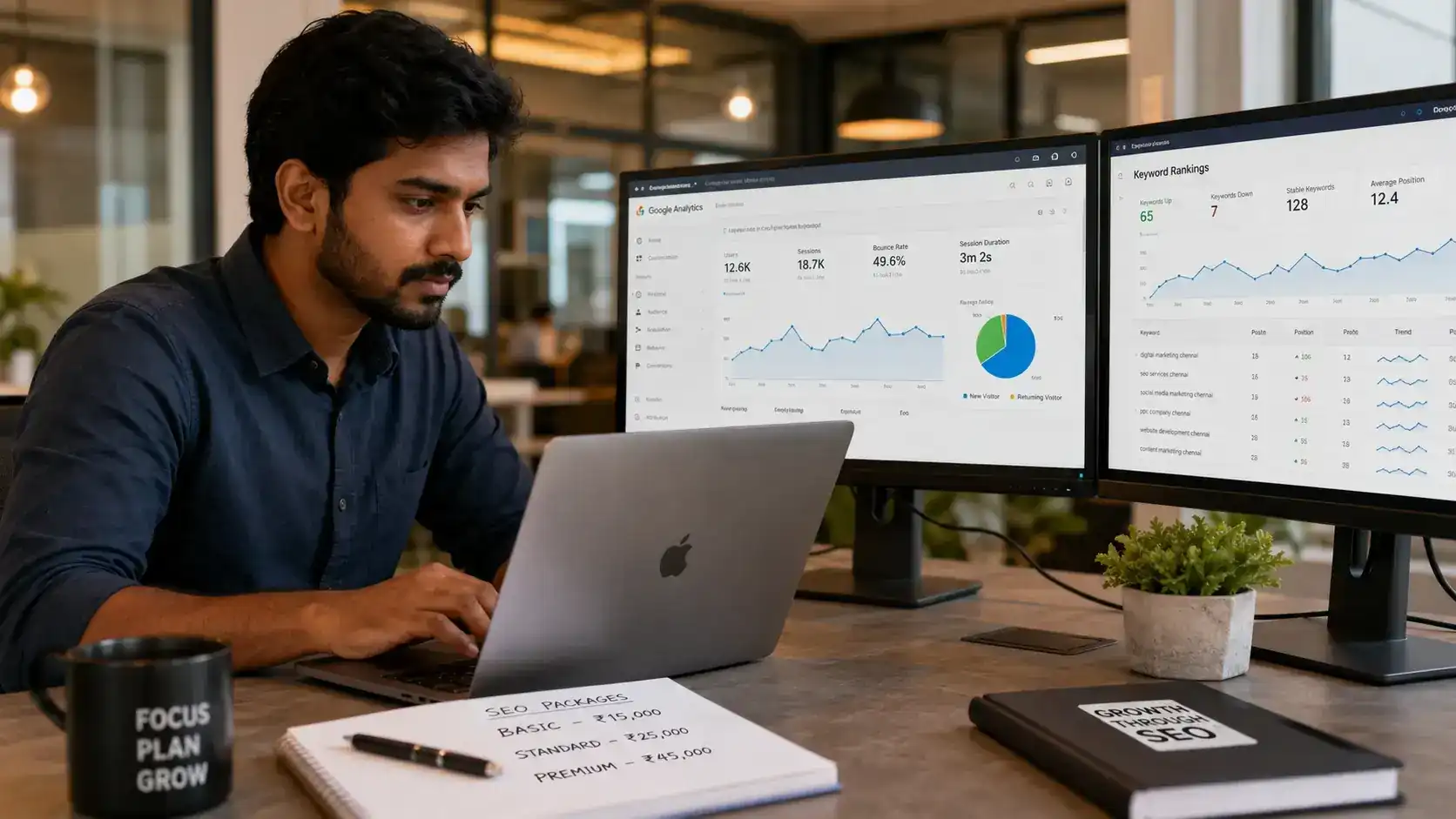 SEO freelancer in Chennai reviewing pricing packages on a laptop in a modern office, 2026
