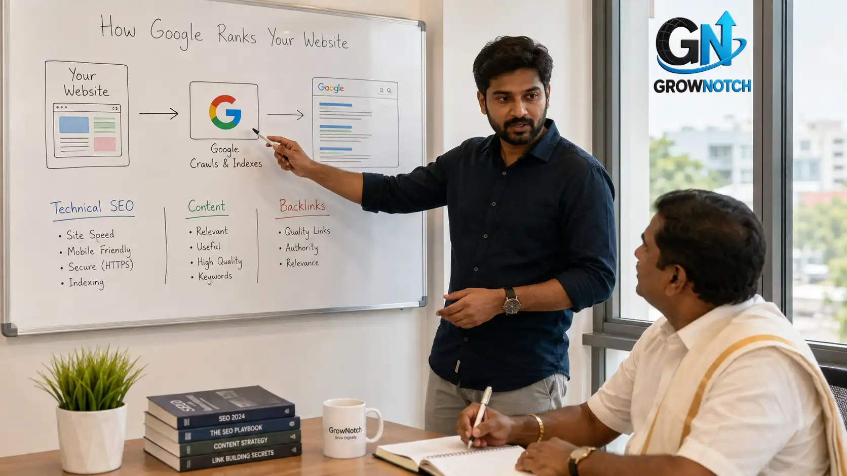 SEO consultant in Chennai explaining how search engine optimisation works on a whiteboard to a small business owner in 2026
