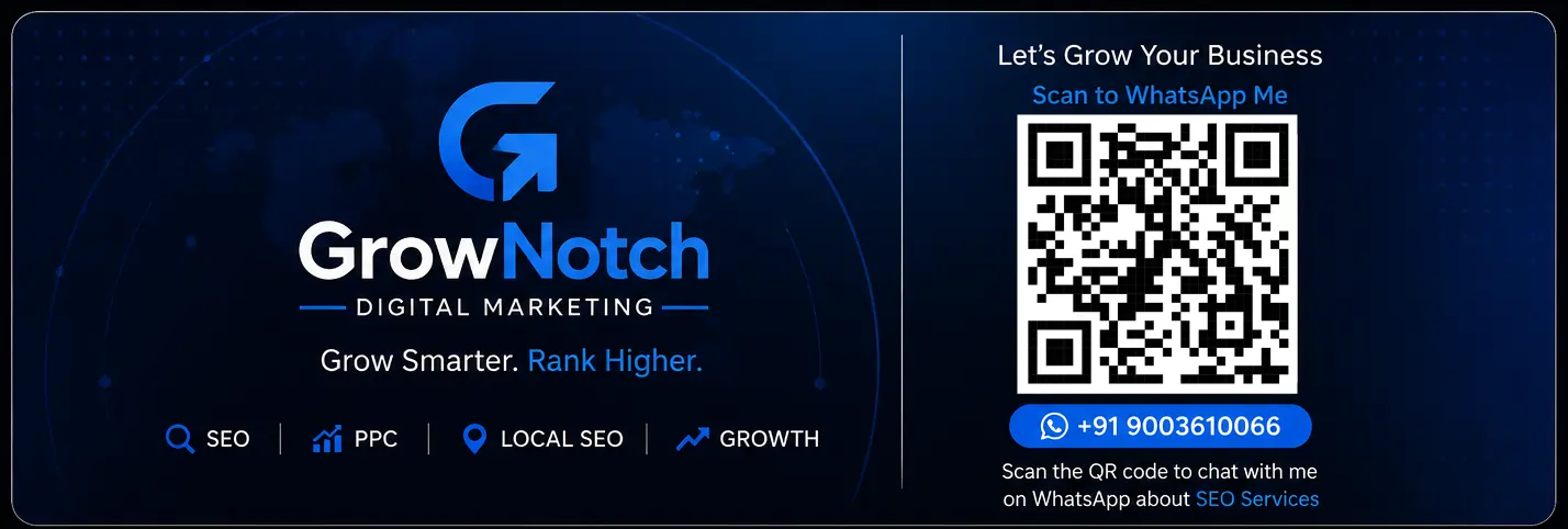 GrowNotch digital business card back with QR code for WhatsApp